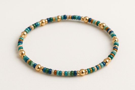 14k Gold filled and seed bead bracelet, stretchy and unique
